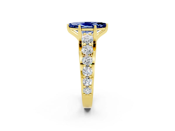 Yellow gold Marquise Cut Blue Sapphire Engagement Ring with Pavé Band and Four-Prong Setting
