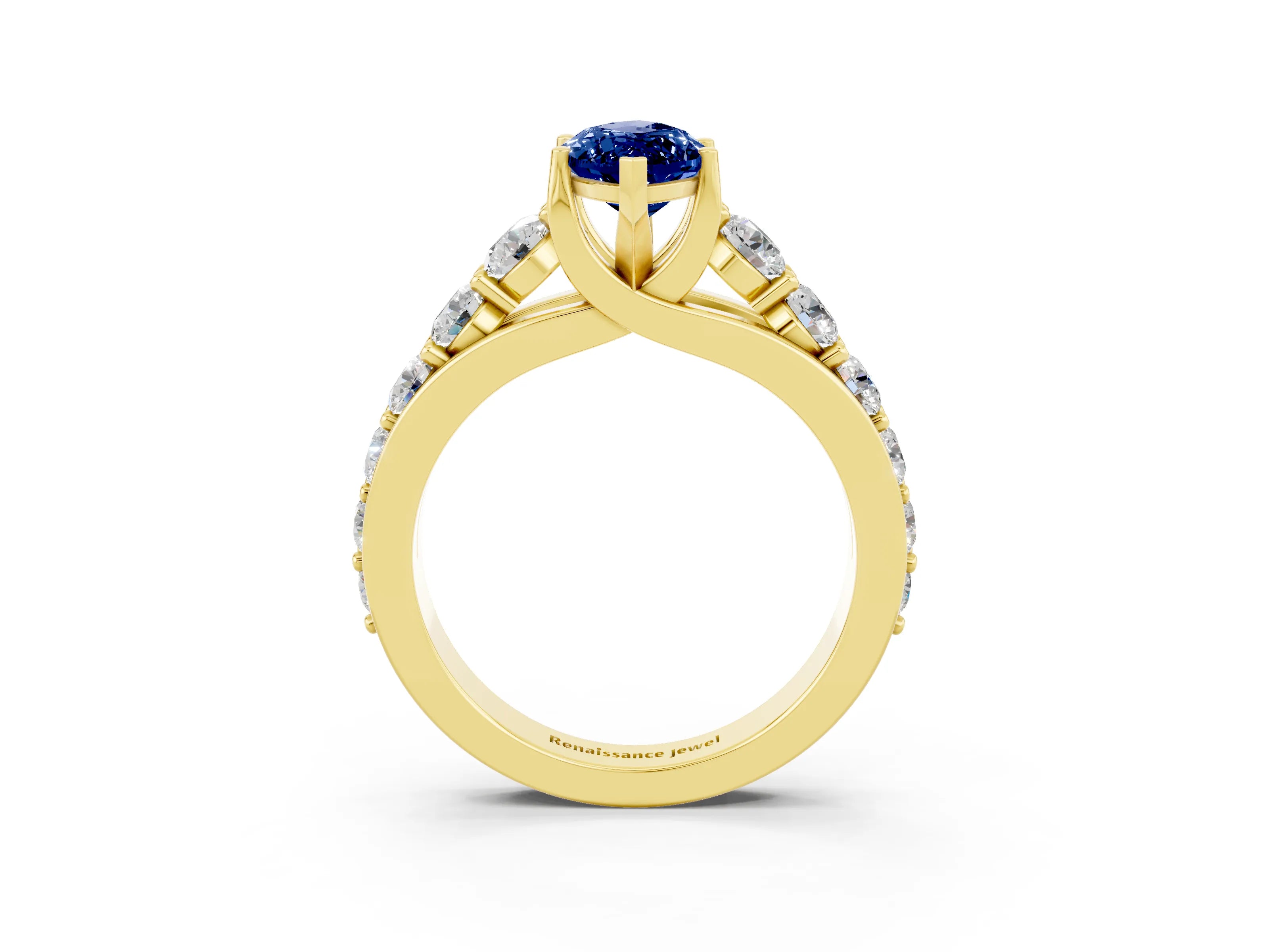 Yellow gold Marquise Cut Blue Sapphire Engagement Ring with Pavé Band and Four-Prong Setting_3