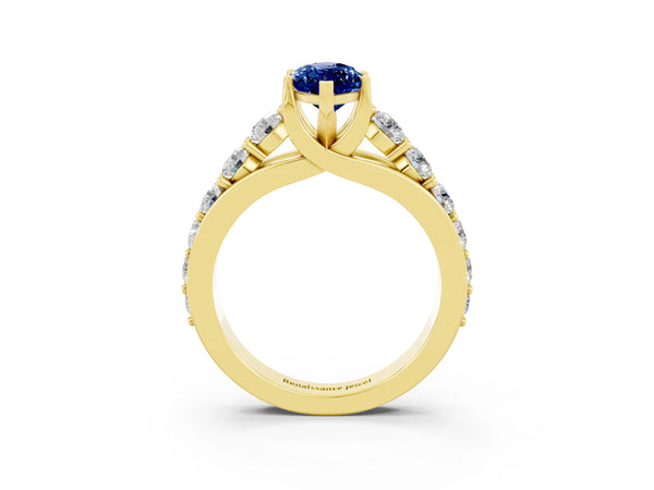 Yellow gold Marquise Cut Blue Sapphire Engagement Ring with Pavé Band and Four-Prong Setting