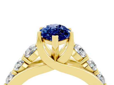 Yellow gold Marquise Cut Blue Sapphire Engagement Ring with Pavé Band and Four-Prong Setting_4