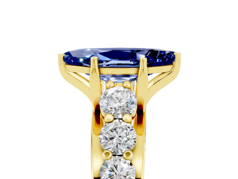 Yellow gold Marquise Cut Blue Sapphire Engagement Ring with Pavé Band and Four-Prong Setting_5
