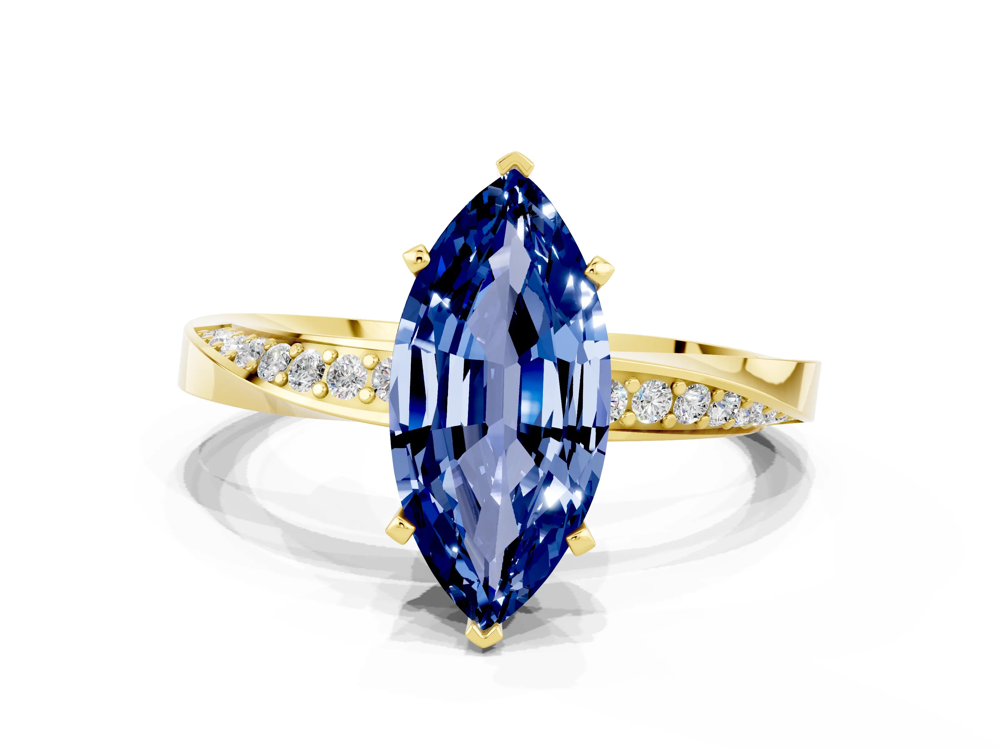 Yellow gold Marquise Cut Blue Sapphire Engagement Ring with Side Stone Accents and Four-Prong Setting_27