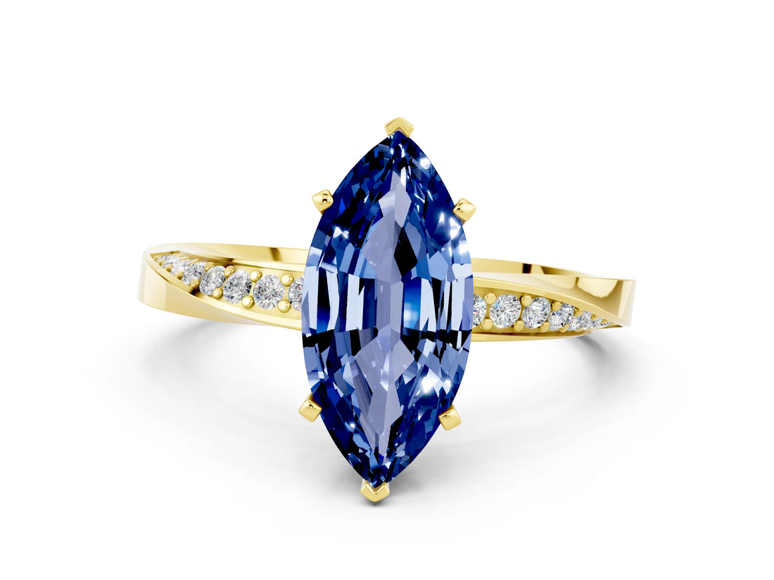 Yellow gold Marquise Cut Blue Sapphire Engagement Ring with Side Stone Accents and Four-Prong Setting_60