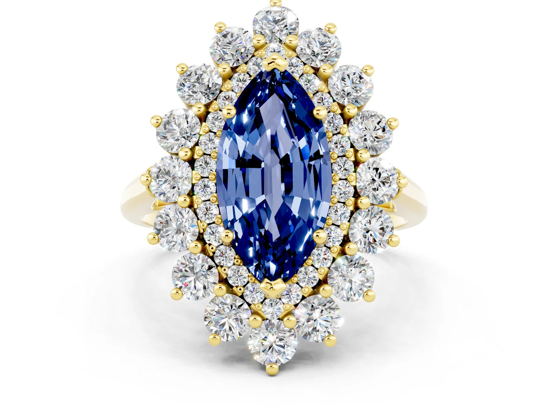 Yellow gold Marquise Cut Blue Sapphire Floral Double Halo Engagement Ring with Prong Setting_61