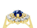 Yellow gold Marquise Cut Blue Sapphire Floral Double Halo Engagement Ring with Prong Setting_65