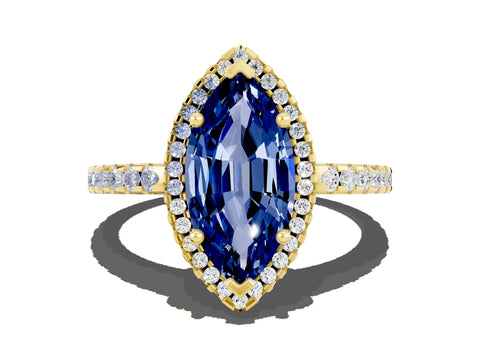 Yellow gold Marquise Cut Blue Sapphire Halo Engagement Ring with Pavé Band and Prong Setting_12