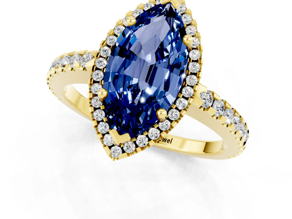 Yellow gold Marquise Cut Blue Sapphire Halo Engagement Ring with Pavé Band and Prong Setting