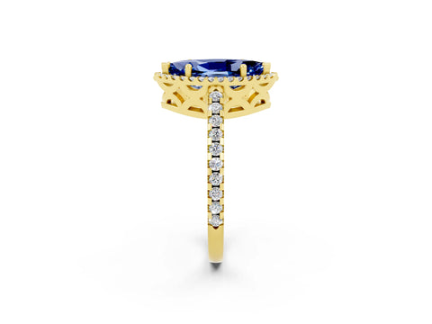 Yellow gold Marquise Cut Blue Sapphire Halo Engagement Ring with Pavé Band and Prong Setting_14