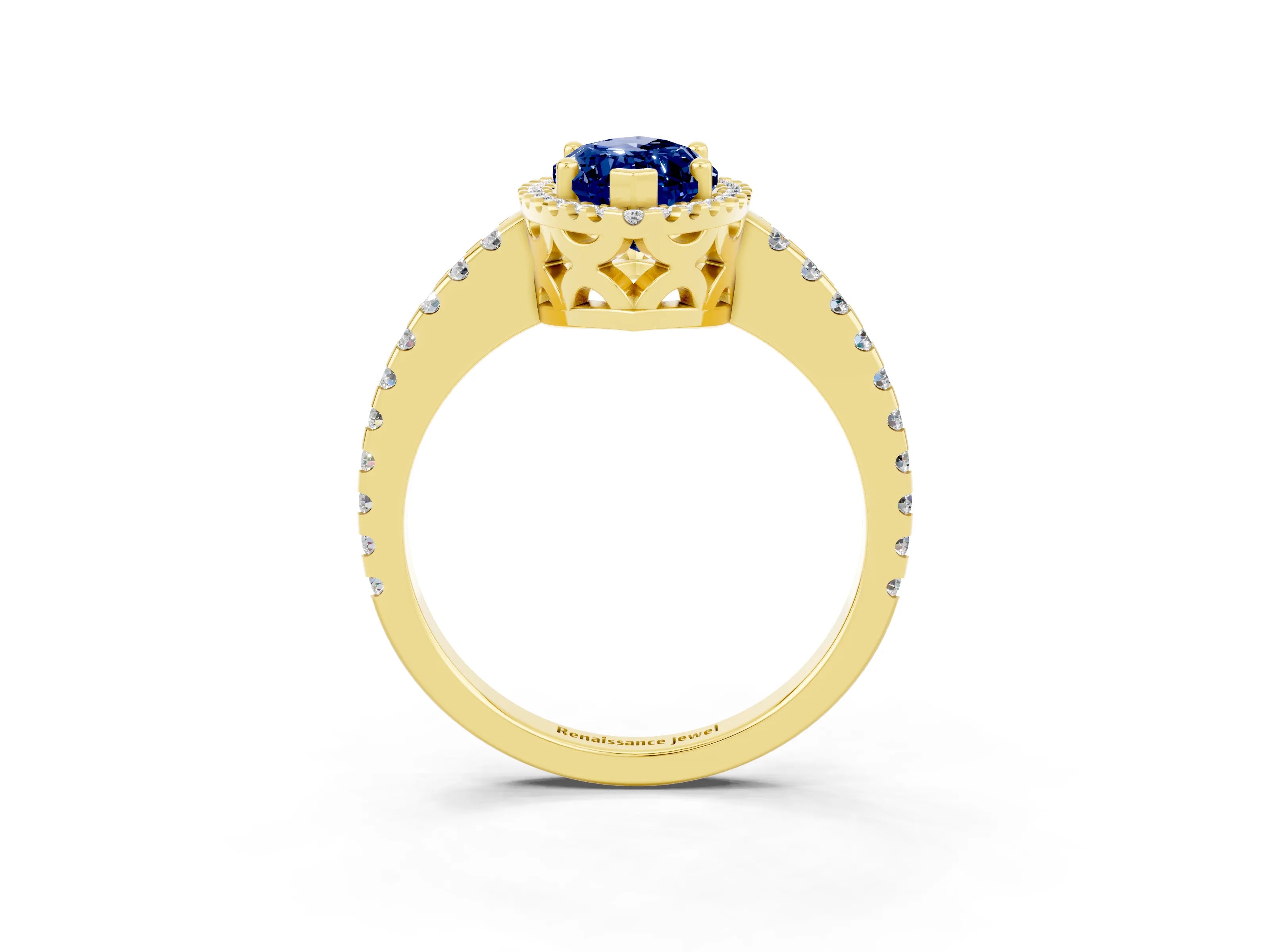 Yellow gold Marquise Cut Blue Sapphire Halo Engagement Ring with Pavé Band and Prong Setting_15