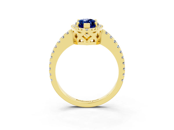 Yellow gold Marquise Cut Blue Sapphire Halo Engagement Ring with Pavé Band and Prong Setting