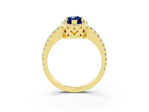 Yellow gold Marquise Cut Blue Sapphire Halo Engagement Ring with Pavé Band and Prong Setting_15