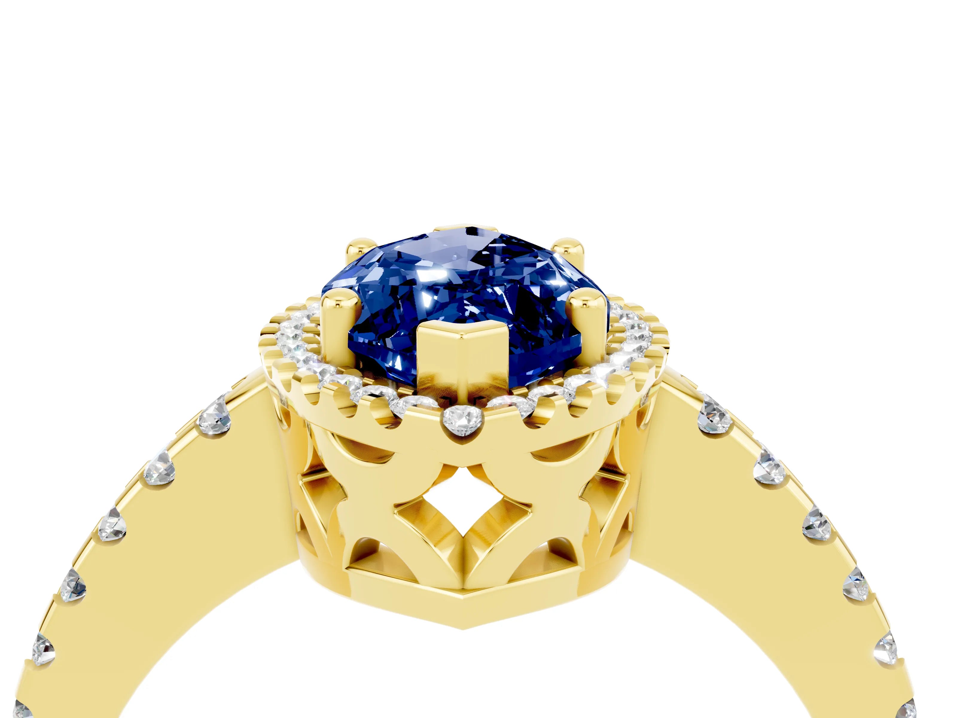 Yellow gold Marquise Cut Blue Sapphire Halo Engagement Ring with Pavé Band and Prong Setting_16