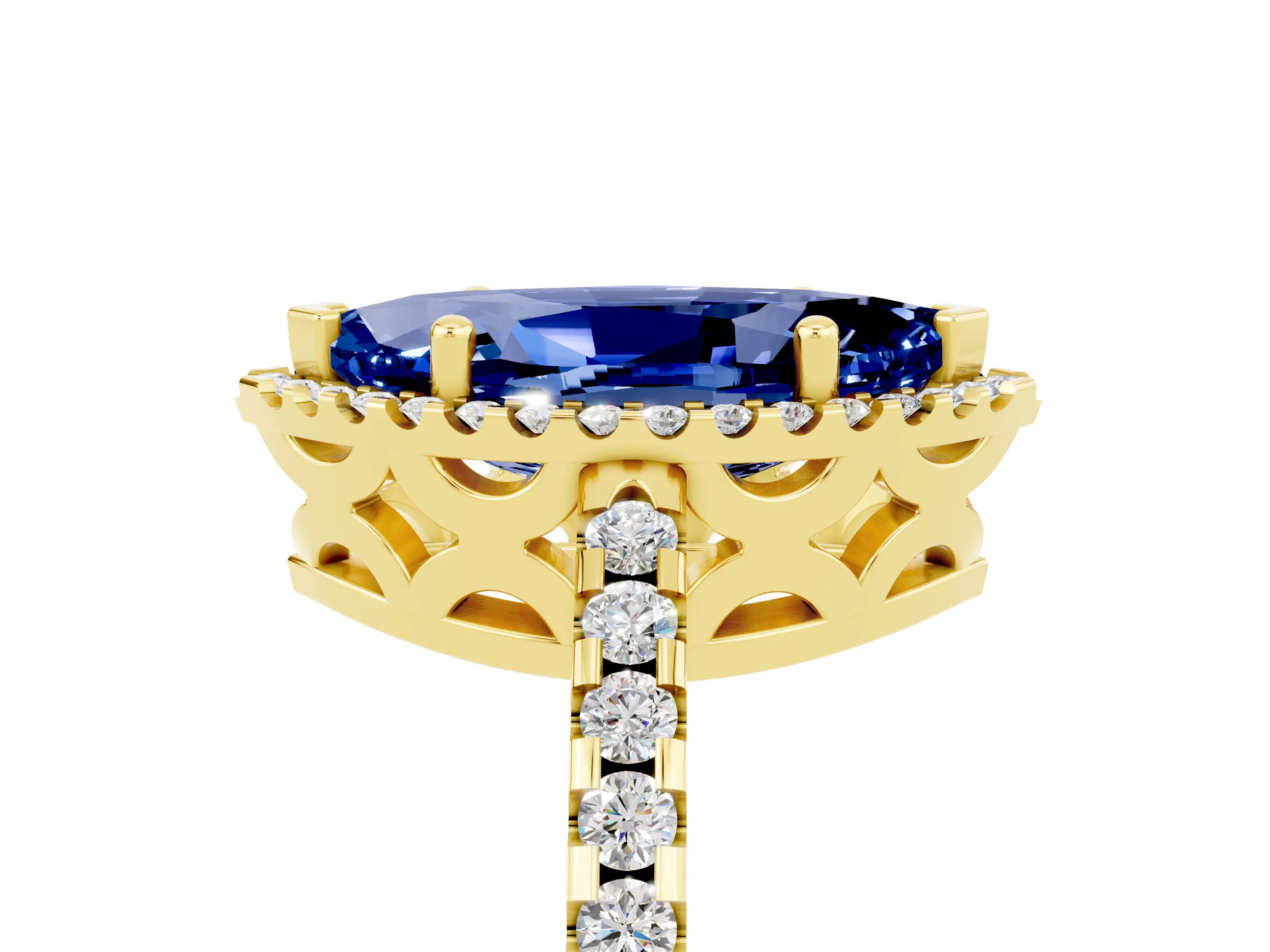 Yellow gold Marquise Cut Blue Sapphire Halo Engagement Ring with Pavé Band and Prong Setting_17