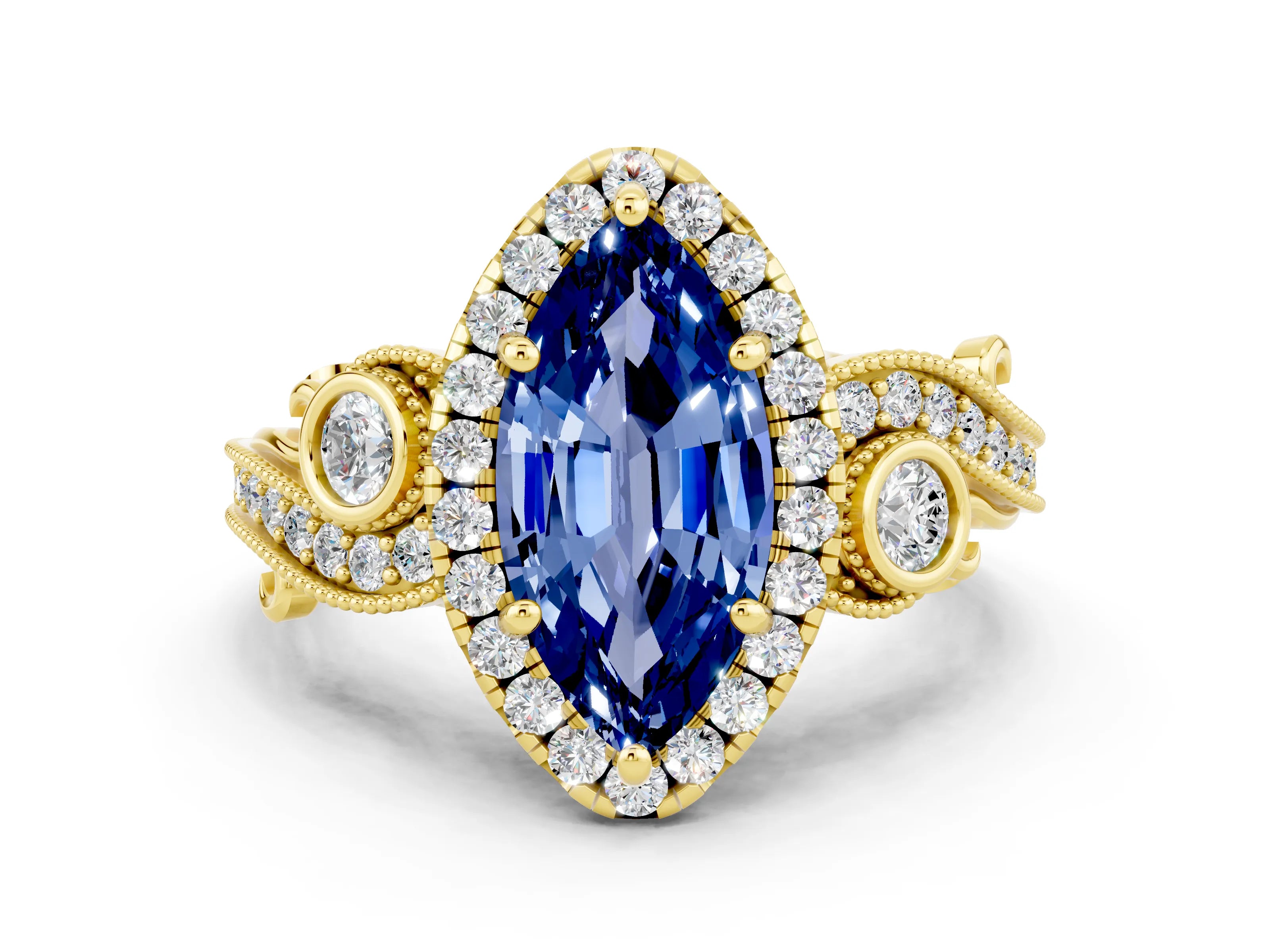 Yellow gold Marquise Cut Blue Sapphire Halo Ring with Milgrain Pavé Band and Four-Prong Setting_12