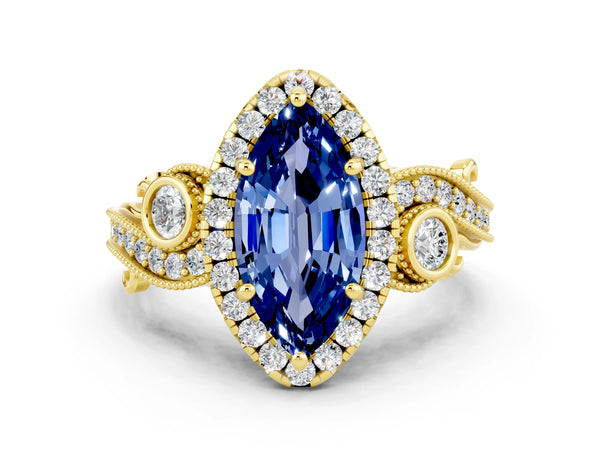 Yellow gold Marquise Cut Blue Sapphire Halo Ring with Milgrain Pavé Band and Four-Prong Setting