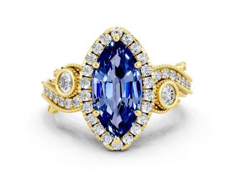Yellow gold Marquise Cut Blue Sapphire Halo Ring with Milgrain Pavé Band and Four-Prong Setting_12