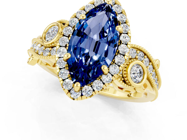 Yellow gold Marquise Cut Blue Sapphire Halo Ring with Milgrain Pavé Band and Four-Prong Setting