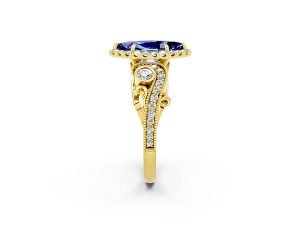 Yellow gold Marquise Cut Blue Sapphire Halo Ring with Milgrain Pavé Band and Four-Prong Setting