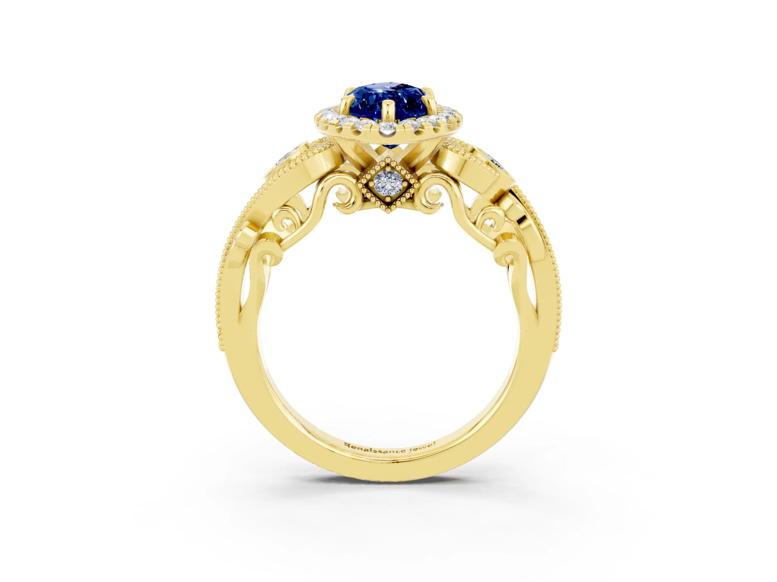 Yellow gold Marquise Cut Blue Sapphire Halo Ring with Milgrain Pavé Band and Four-Prong Setting_15