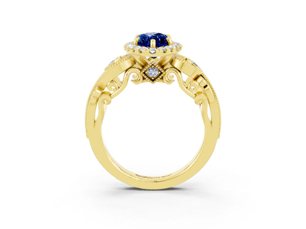 Yellow gold Marquise Cut Blue Sapphire Halo Ring with Milgrain Pavé Band and Four-Prong Setting