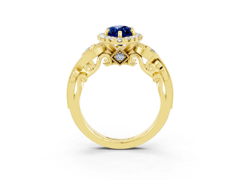 Yellow gold Marquise Cut Blue Sapphire Halo Ring with Milgrain Pavé Band and Four-Prong Setting_15