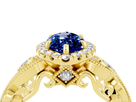 Yellow gold Marquise Cut Blue Sapphire Halo Ring with Milgrain Pavé Band and Four-Prong Setting_16