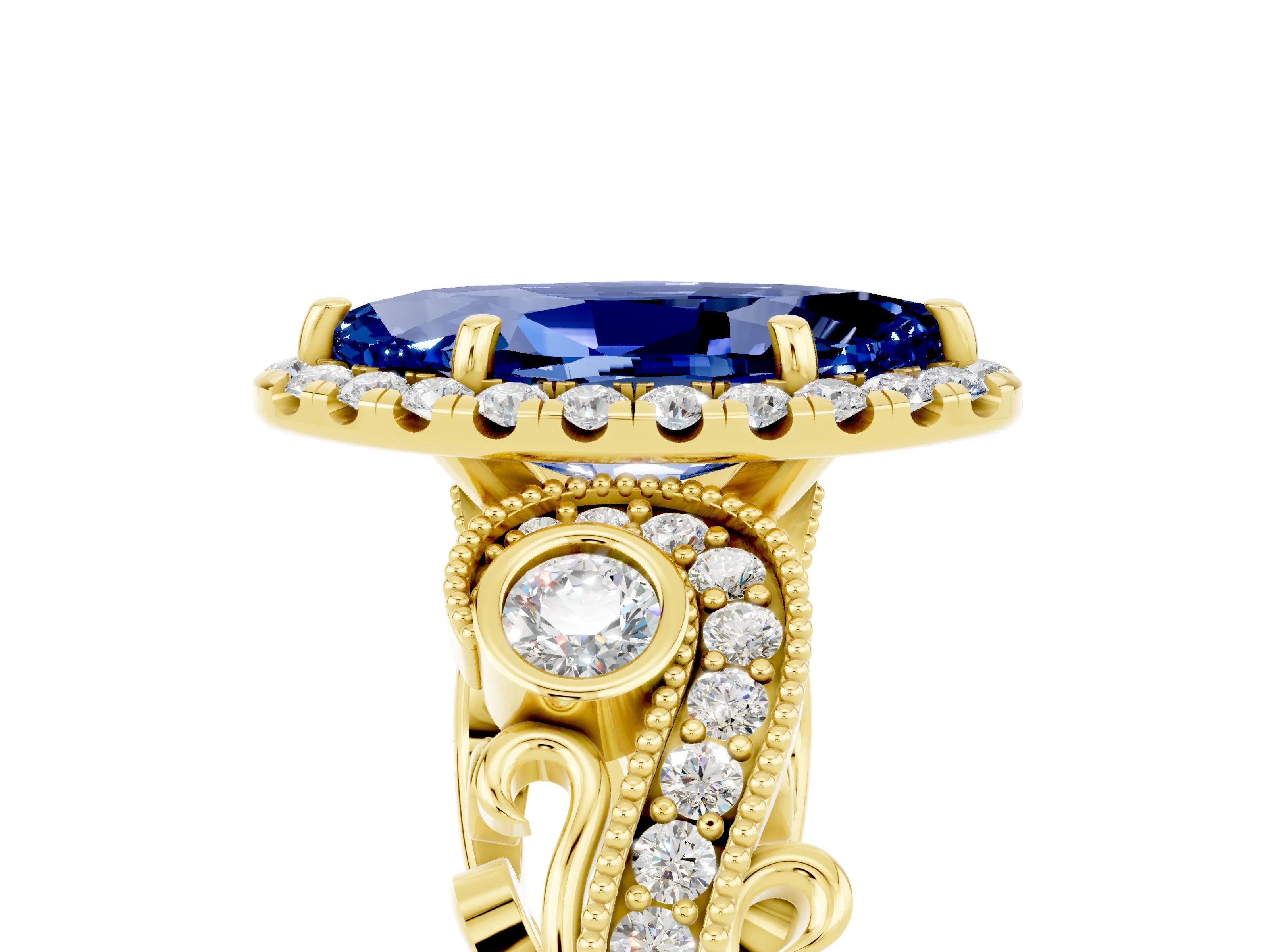 Yellow gold Marquise Cut Blue Sapphire Halo Ring with Milgrain Pavé Band and Four-Prong Setting_17