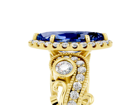 Yellow gold Marquise Cut Blue Sapphire Halo Ring with Milgrain Pavé Band and Four-Prong Setting_17