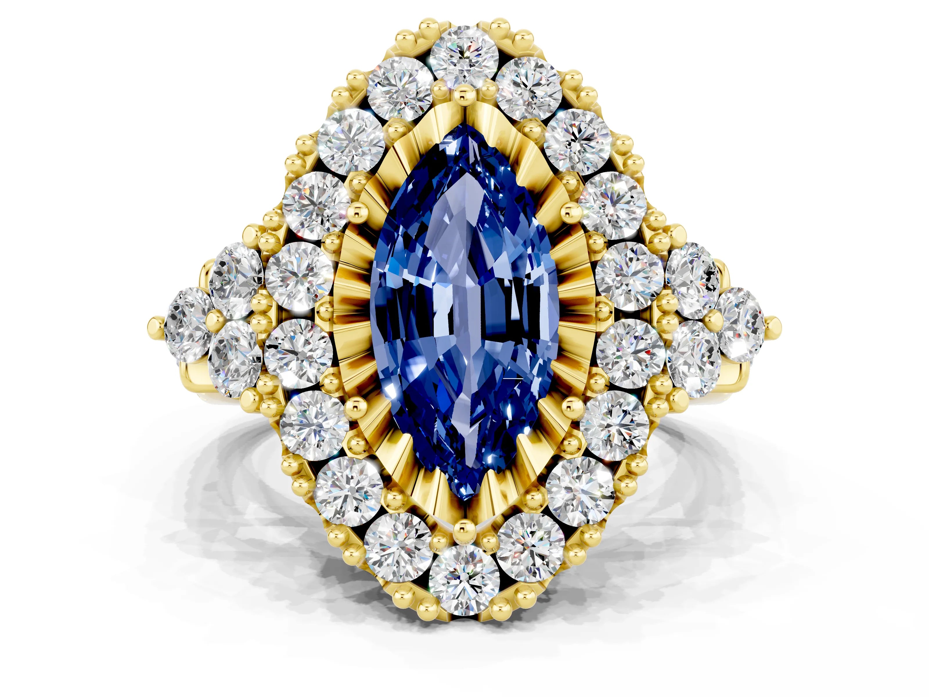 Yellow gold Marquise Cut Blue Sapphire Halo Ring with Pavé Band and Four-Prong Setting_12