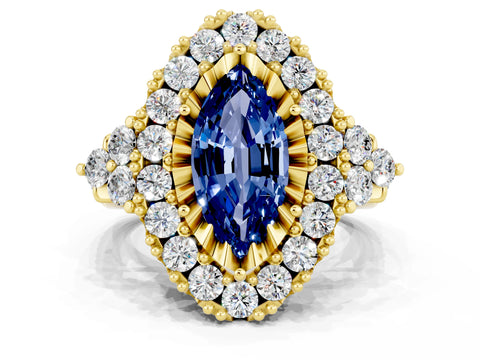 Yellow gold Marquise Cut Blue Sapphire Halo Ring with Pavé Band and Four-Prong Setting_12