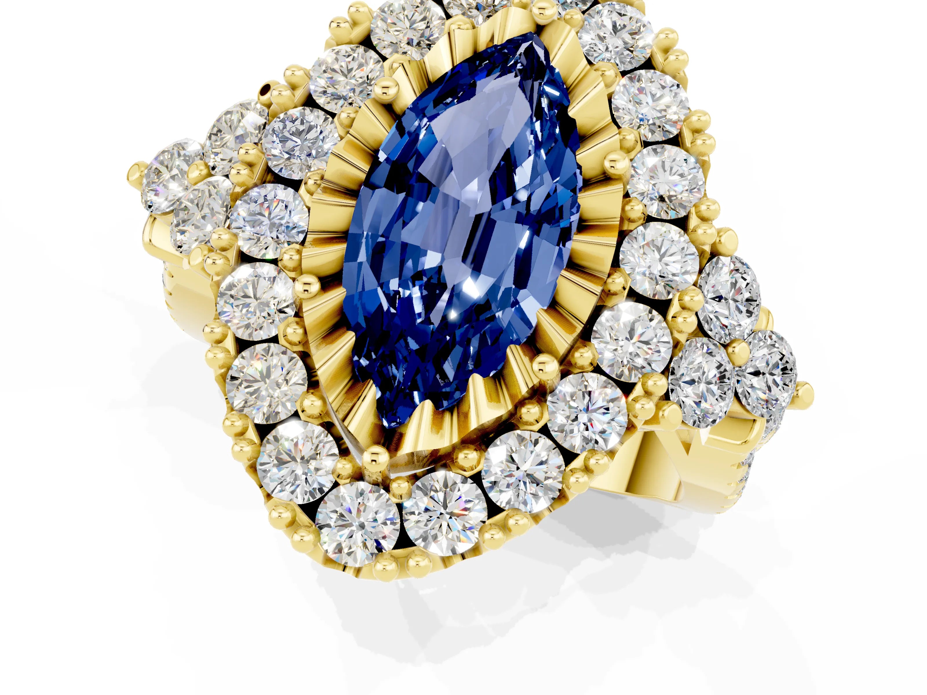 Yellow gold Marquise Cut Blue Sapphire Halo Ring with Pavé Band and Four-Prong Setting_13