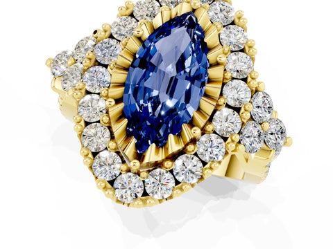 Yellow gold Marquise Cut Blue Sapphire Halo Ring with Pavé Band and Four-Prong Setting_13