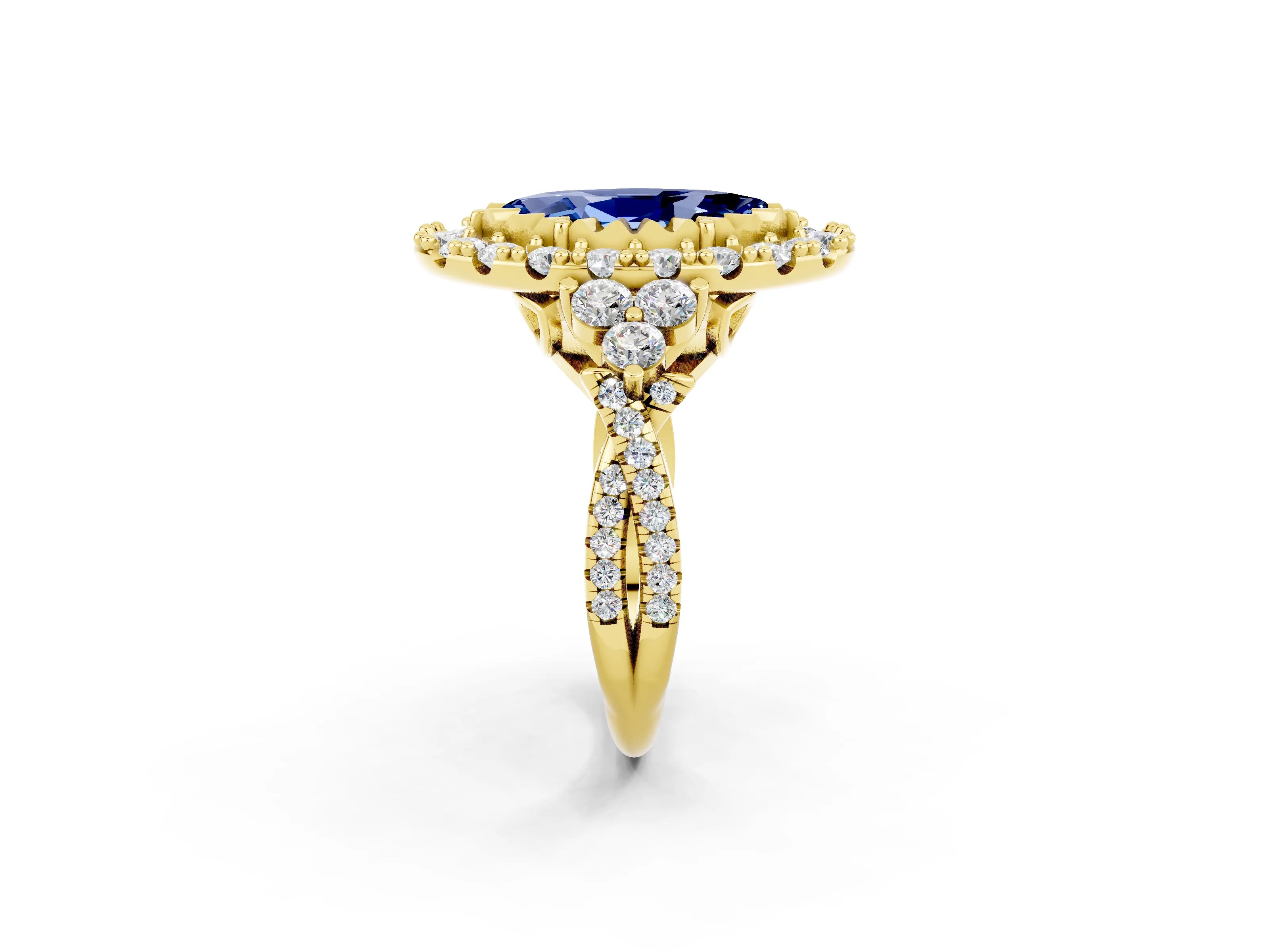 Yellow gold Marquise Cut Blue Sapphire Halo Ring with Pavé Band and Four-Prong Setting_14