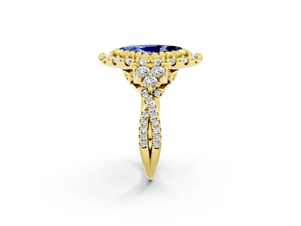 Yellow gold Marquise Cut Blue Sapphire Halo Ring with Pavé Band and Four-Prong Setting