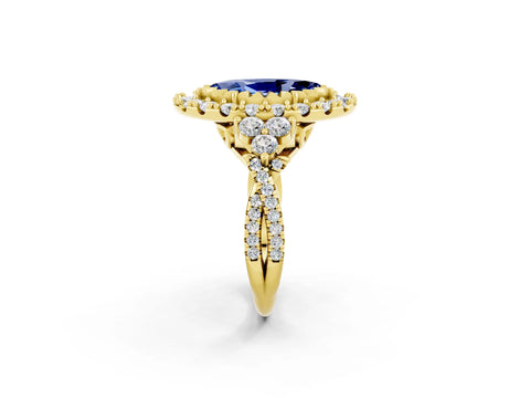 Yellow gold Marquise Cut Blue Sapphire Halo Ring with Pavé Band and Four-Prong Setting_14
