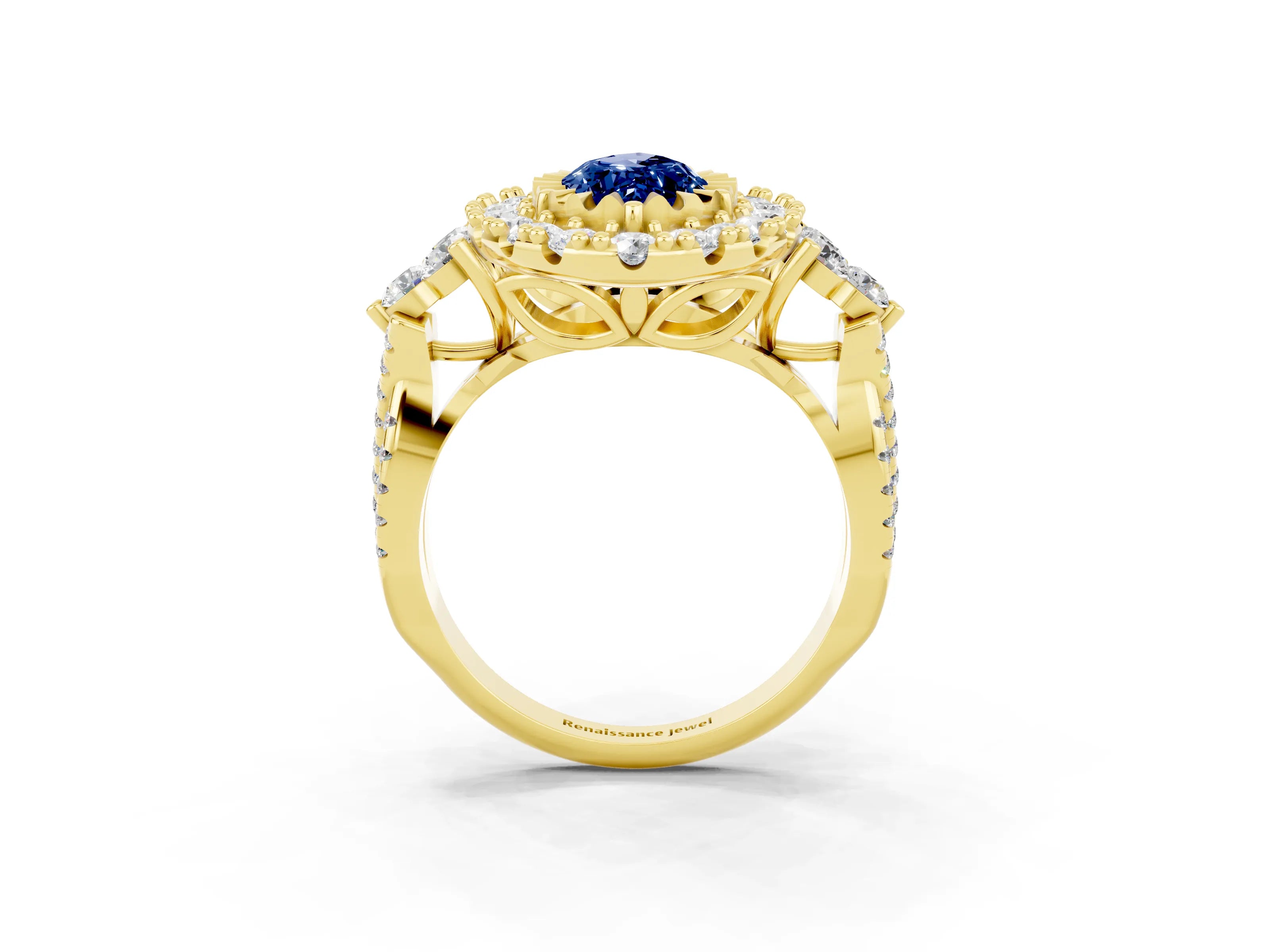 Yellow gold Marquise Cut Blue Sapphire Halo Ring with Pavé Band and Four-Prong Setting_15
