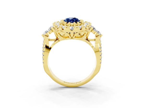 Yellow gold Marquise Cut Blue Sapphire Halo Ring with Pavé Band and Four-Prong Setting