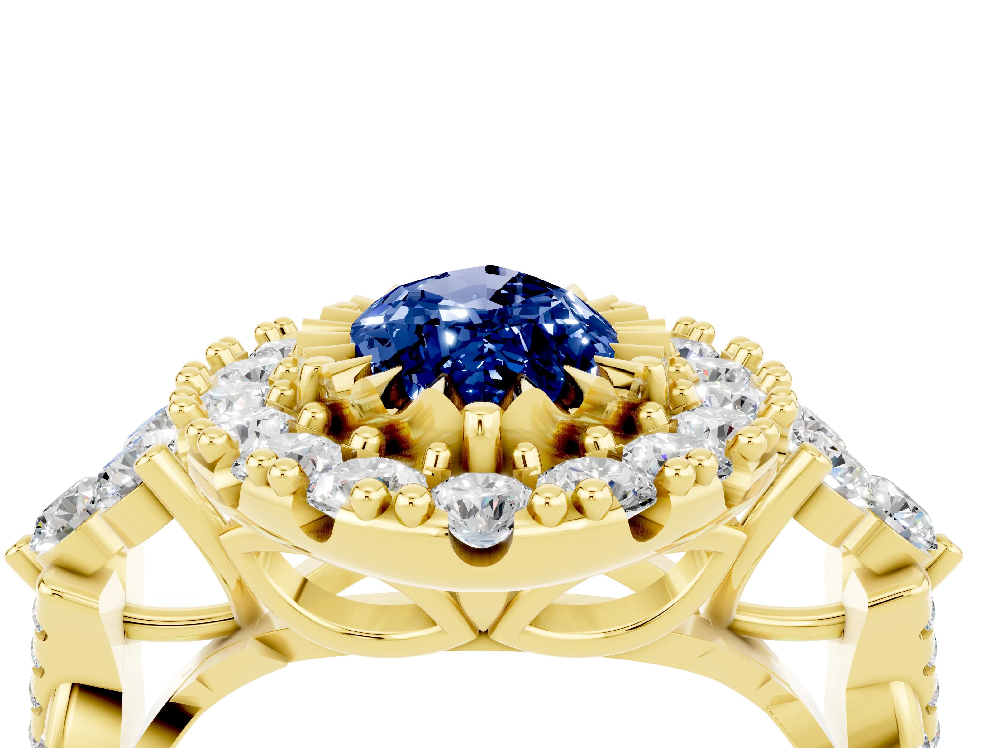 Yellow gold Marquise Cut Blue Sapphire Halo Ring with Pavé Band and Four-Prong Setting_16