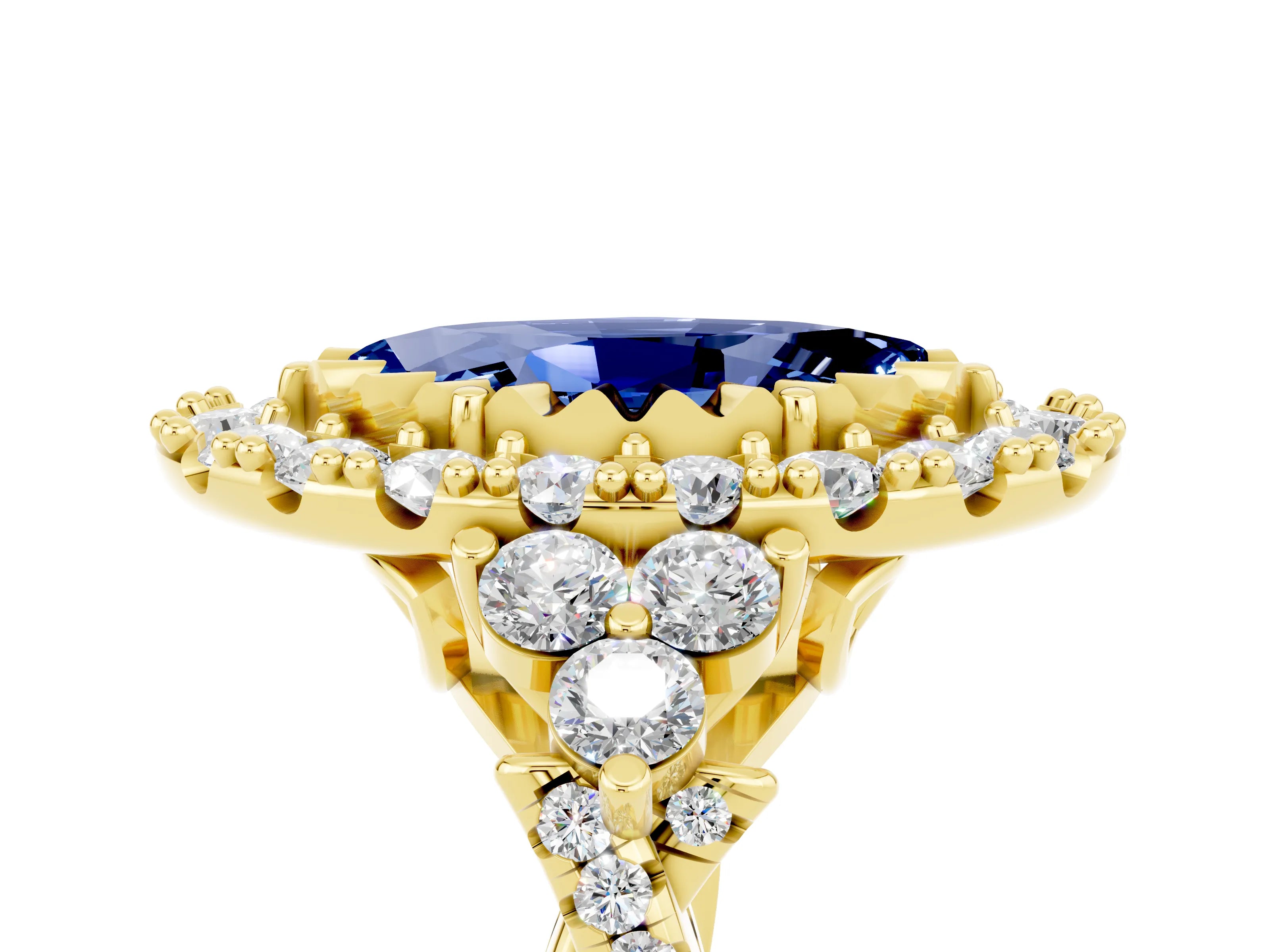Yellow gold Marquise Cut Blue Sapphire Halo Ring with Pavé Band and Four-Prong Setting_17