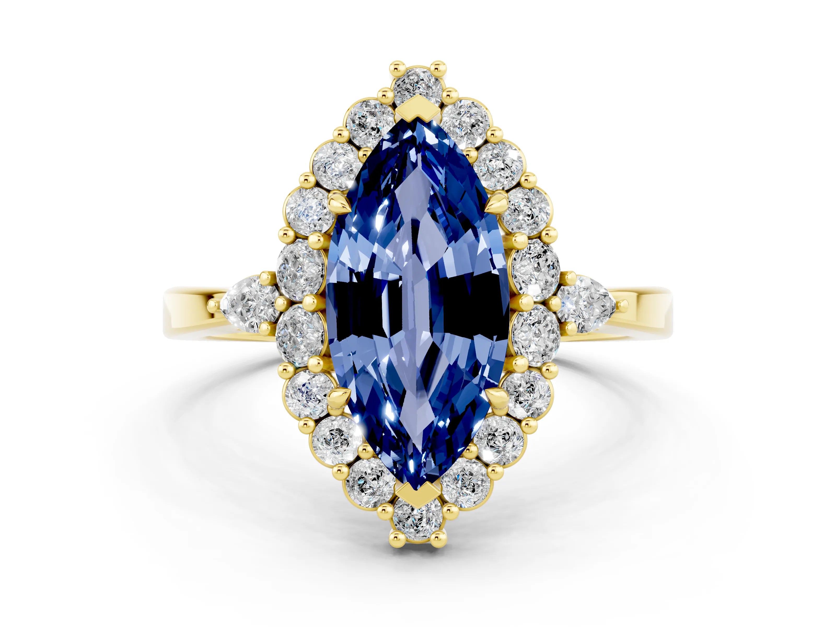 Yellow gold Marquise Cut Blue Sapphire Halo Ring with Pear Side Stones and Prong Setting_12