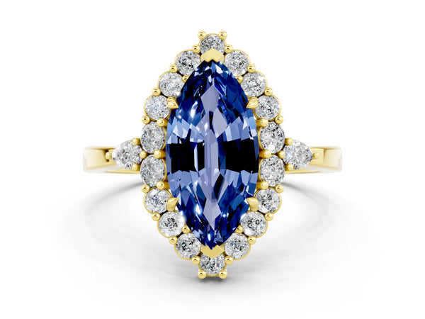 Yellow gold Marquise Cut Blue Sapphire Halo Ring with Pear Side Stones and Prong Setting