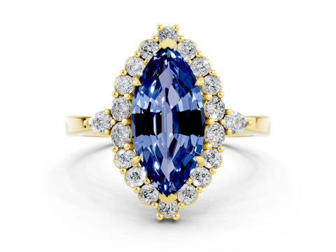 Yellow gold Marquise Cut Blue Sapphire Halo Ring with Pear Side Stones and Prong Setting_12