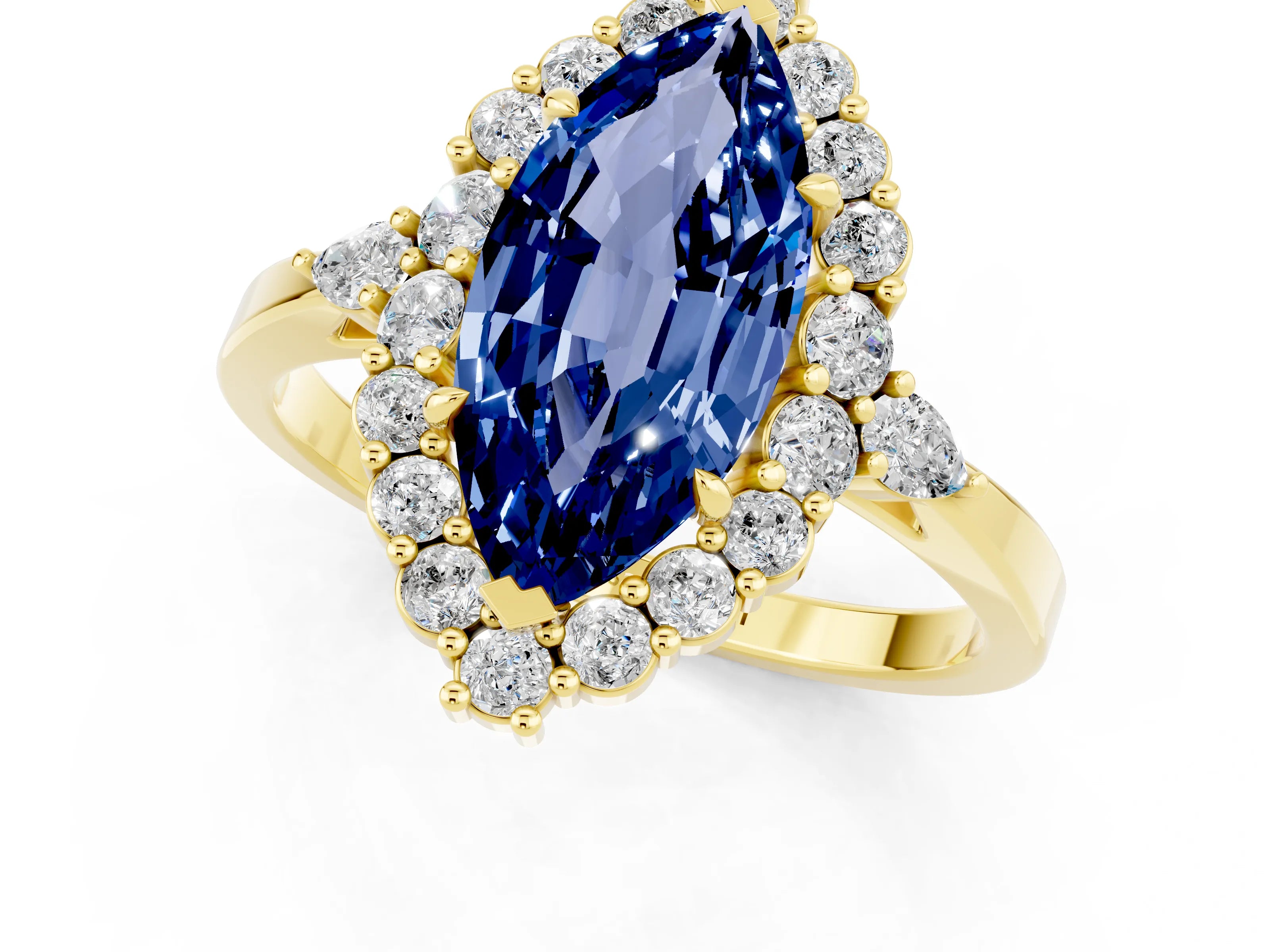 Yellow gold Marquise Cut Blue Sapphire Halo Ring with Pear Side Stones and Prong Setting_13
