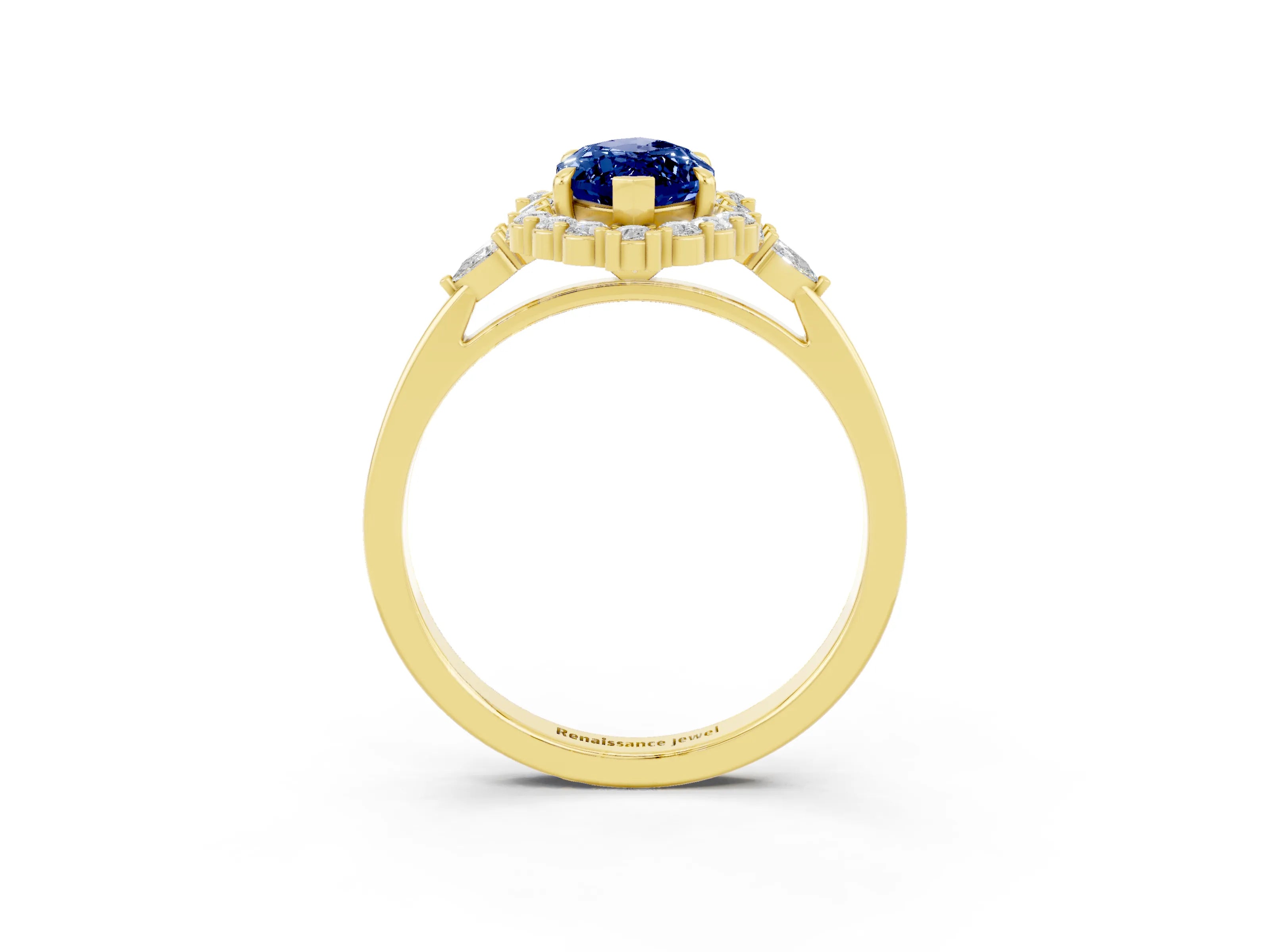 Yellow gold Marquise Cut Blue Sapphire Halo Ring with Pear Side Stones and Prong Setting_15