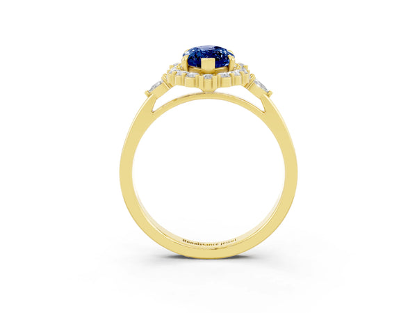 Yellow gold Marquise Cut Blue Sapphire Halo Ring with Pear Side Stones and Prong Setting