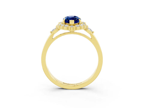 Yellow gold Marquise Cut Blue Sapphire Halo Ring with Pear Side Stones and Prong Setting_15