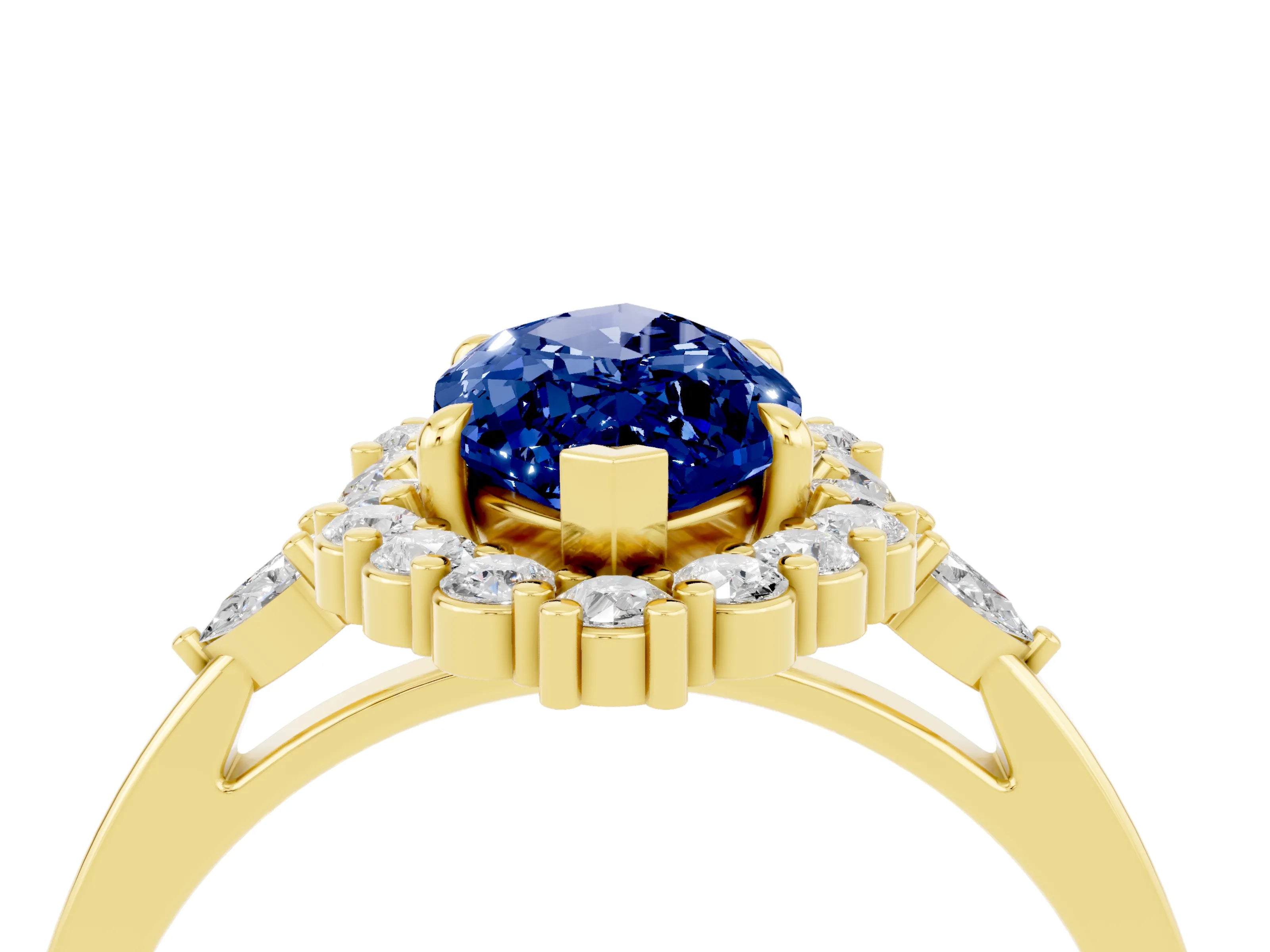 Yellow gold Marquise Cut Blue Sapphire Halo Ring with Pear Side Stones and Prong Setting_16