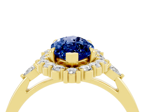 Yellow gold Marquise Cut Blue Sapphire Halo Ring with Pear Side Stones and Prong Setting_16