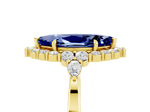 Yellow gold Marquise Cut Blue Sapphire Halo Ring with Pear Side Stones and Prong Setting_17
