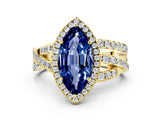 Yellow gold Marquise Cut Blue Sapphire Halo Ring with Round Split Shank and Prong Setting_61